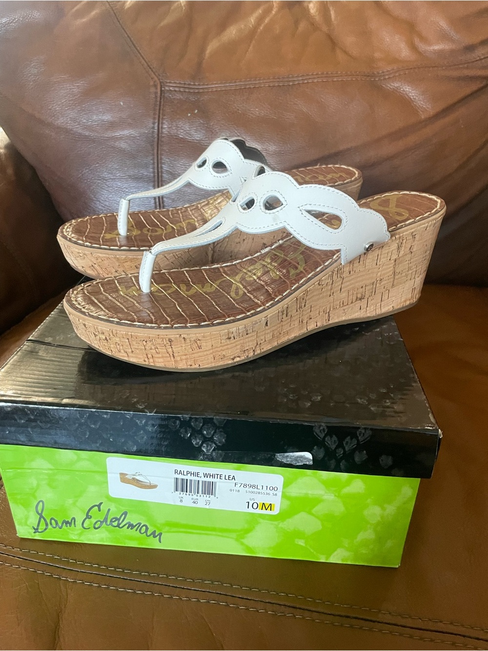 Ralph Lauren White Leather Cork Wedge Thong Sandals